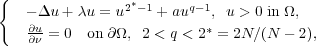 {
− Δu + λu = u2∗−1 + auq−1, u > 0 in Ω,
∂u = 0  on ∂Ω, 2 < q < 2∗ = 2N∕(N − 2),
∂ν
