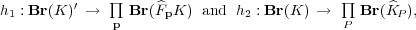 h1 : Br (K )′ → ∏ Br(^FpK ) and h2 : Br(K ) → ∏ Br(^KP),
p                            P